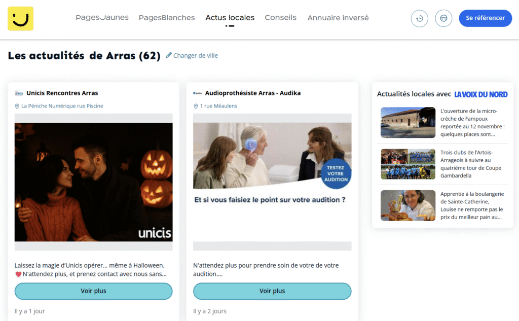 Aperçu de l'onglet Actus locales sur le site pagesjaunes.fr