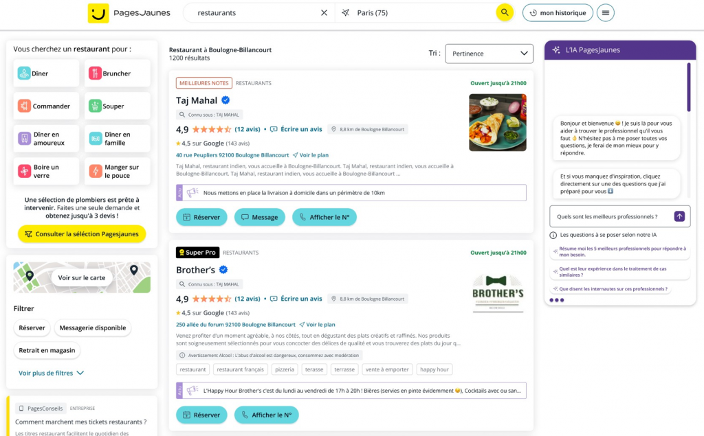 Notre IA PagesJaunes apparaît sur la droite de votre écran après une recherche sur PagesJaunes. Elle vous conseille le professionnel le plus adapté à votre besoin parmi les résultats de recherche.
